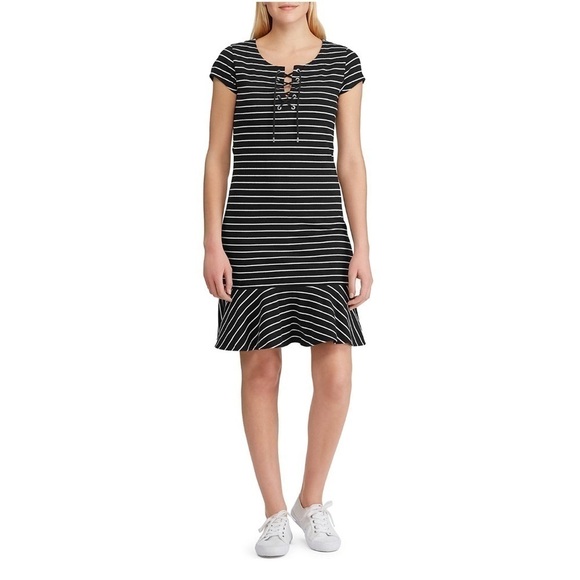 Chaps Black Stripes Clein Flounce Hem Dress US M - Picture 1 of 9